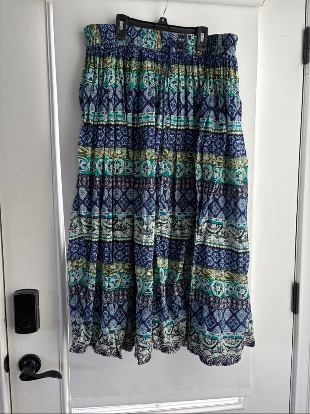 Striped Navy and Teal Boho Maxi Skirt with Smocked Waist
